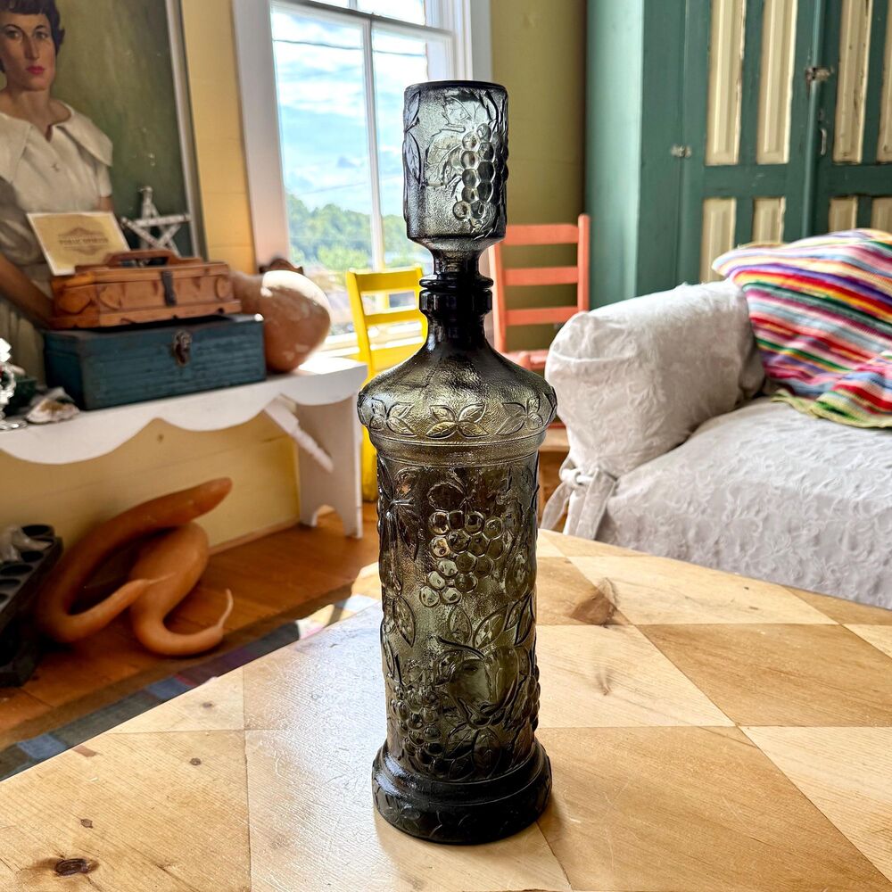Vintage Genie Bottle Empoli Glass Decanter Fruit Charcoal Gray
